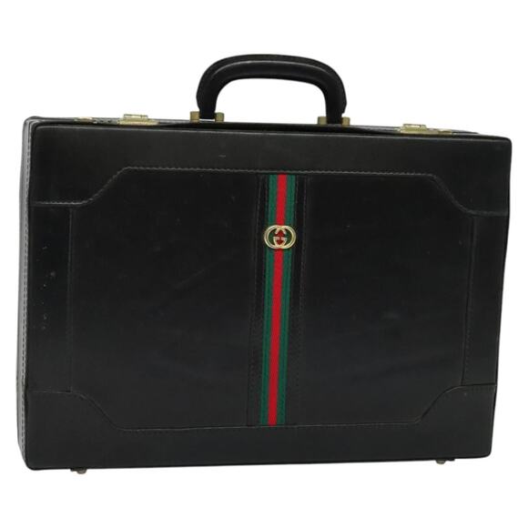 GUCCI Web Sherry Line Attache Case Hand Bag Leather Red Black Green - Picture 1 of 16